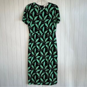 Diane Von Furstenberg size 10 sheath midi dress black leaf print silk modest